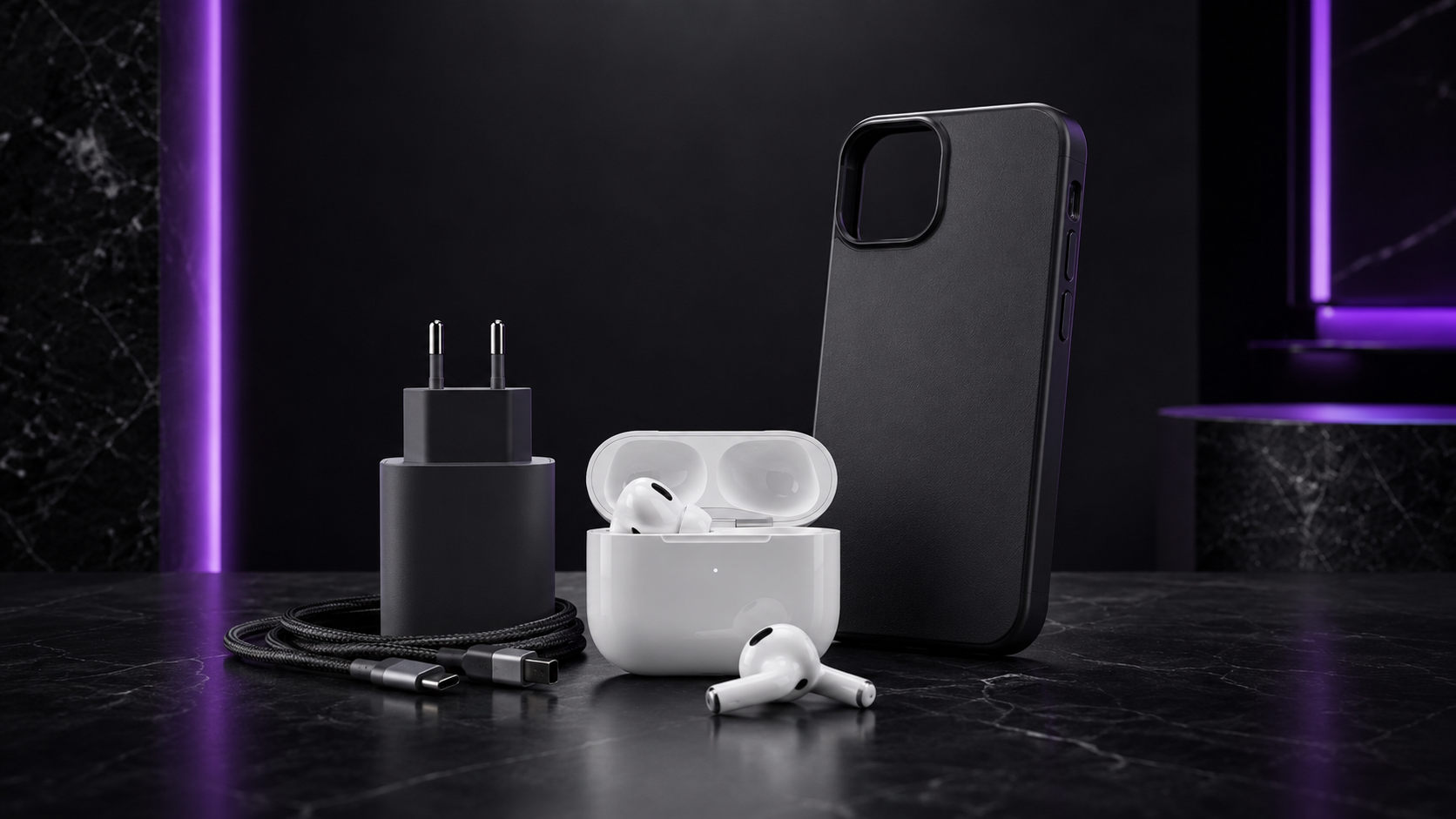 Acessórios para celular em cenário escuro